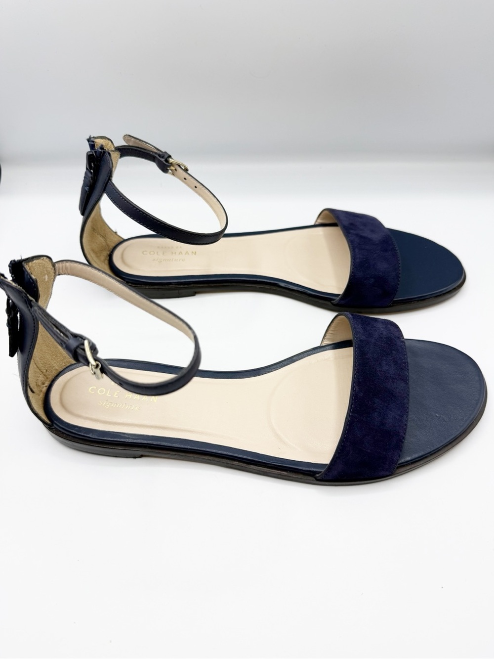 Cole Haan Navy and Beige Suede Ankle-Strap Sandals